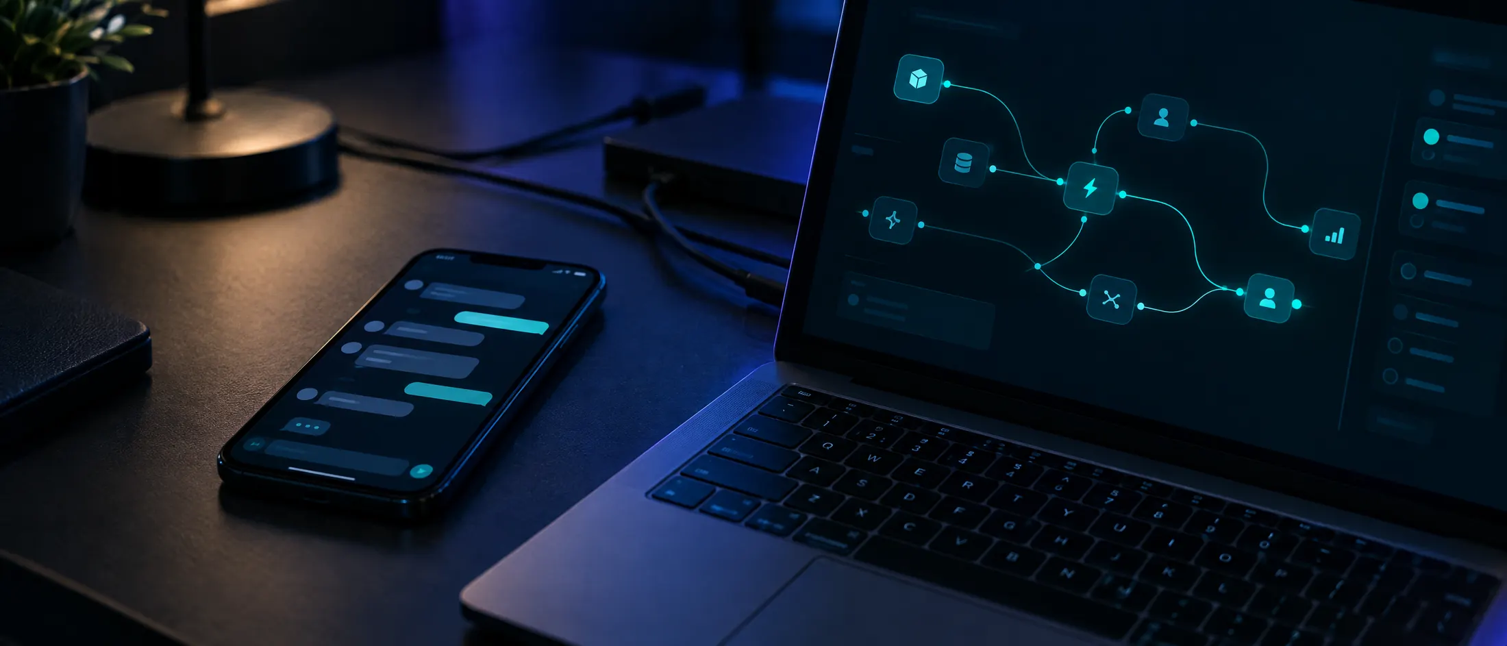 Celular con una conversación de WhatsApp junto a una notebook que muestra un flujo de automatización