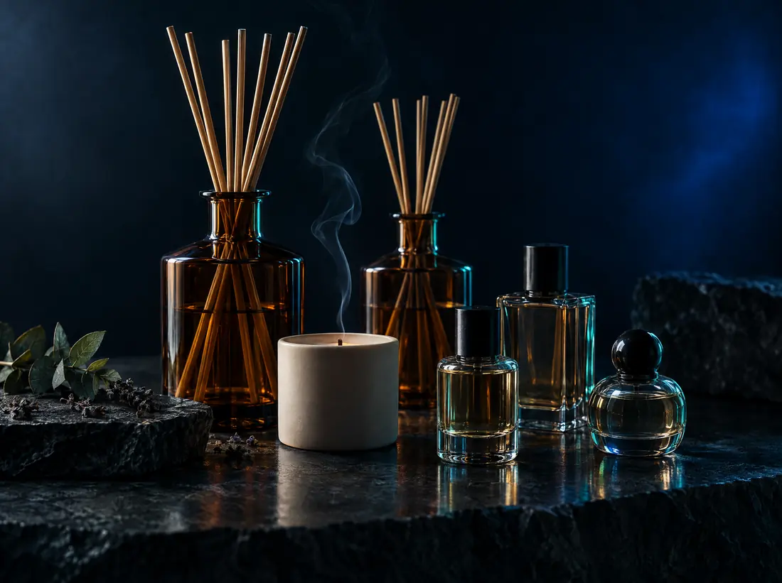 Difusores de aromas, velas y frascos de perfume sobre una mesada de piedra