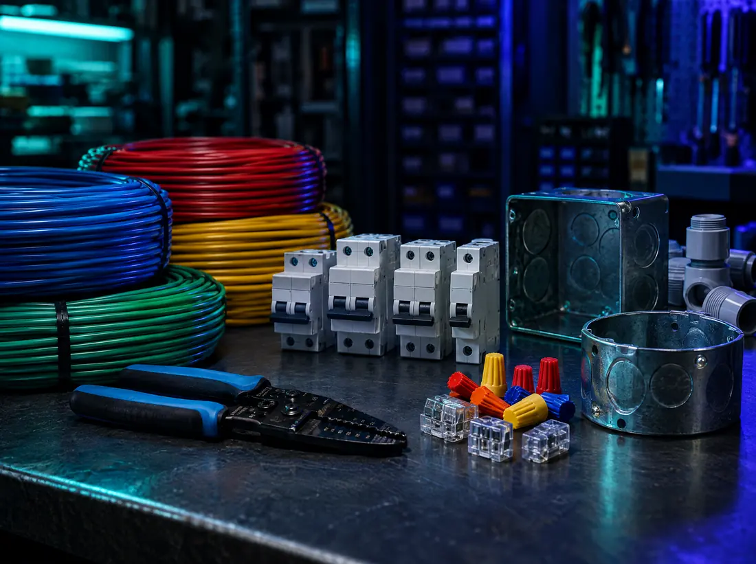 Rollos de cable, disyuntores y herramientas de electricista sobre un mostrador