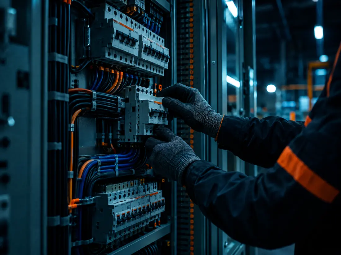 Técnico con guantes trabajando en un tablero eléctrico industrial
