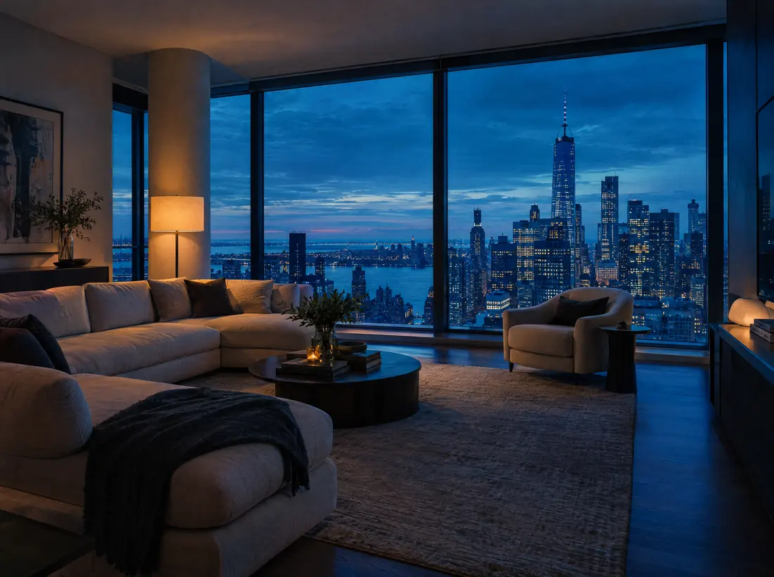 Living de un departamento moderno con ventanales y vista a la ciudad al atardecer