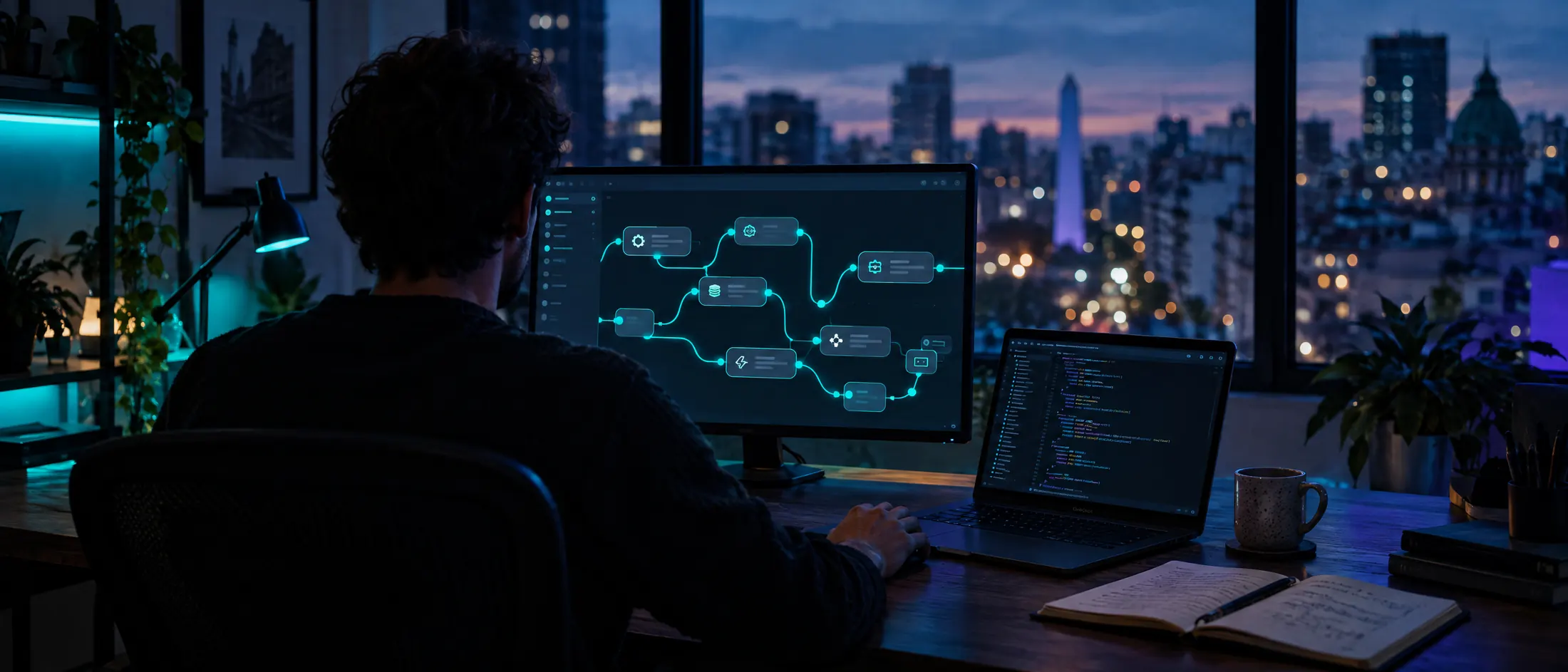 Puesto de trabajo de noche con un flujo de automatización en el monitor y la ciudad de Buenos Aires de fondo