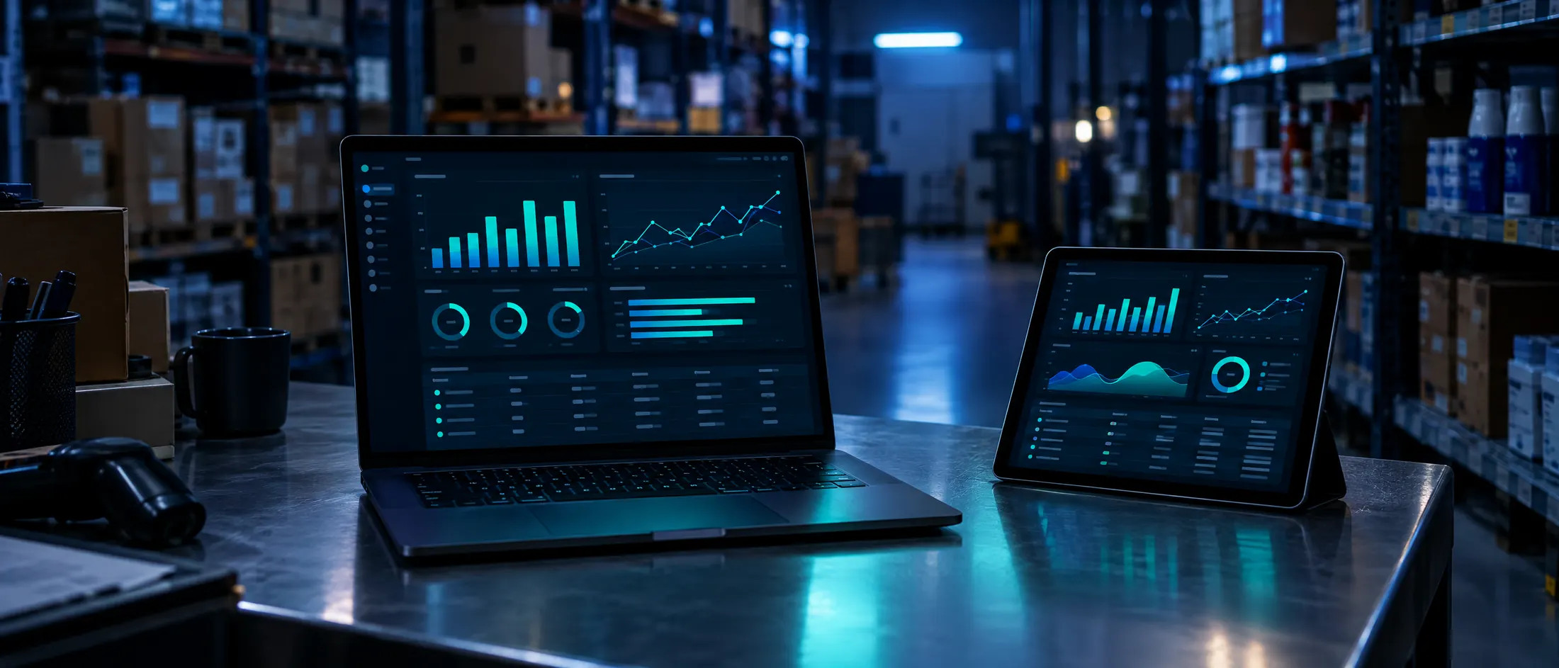 Notebook y tablet con un tablero de gestión sobre un mostrador, con estanterías de un depósito de fondo